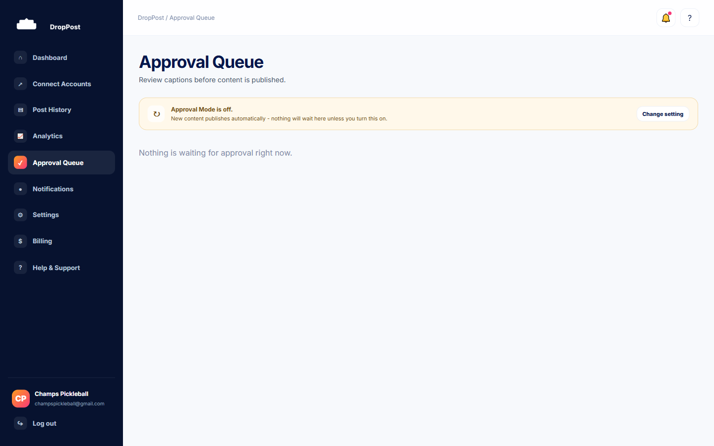 DropPost Approval Queue page listing staged posts awaiting review