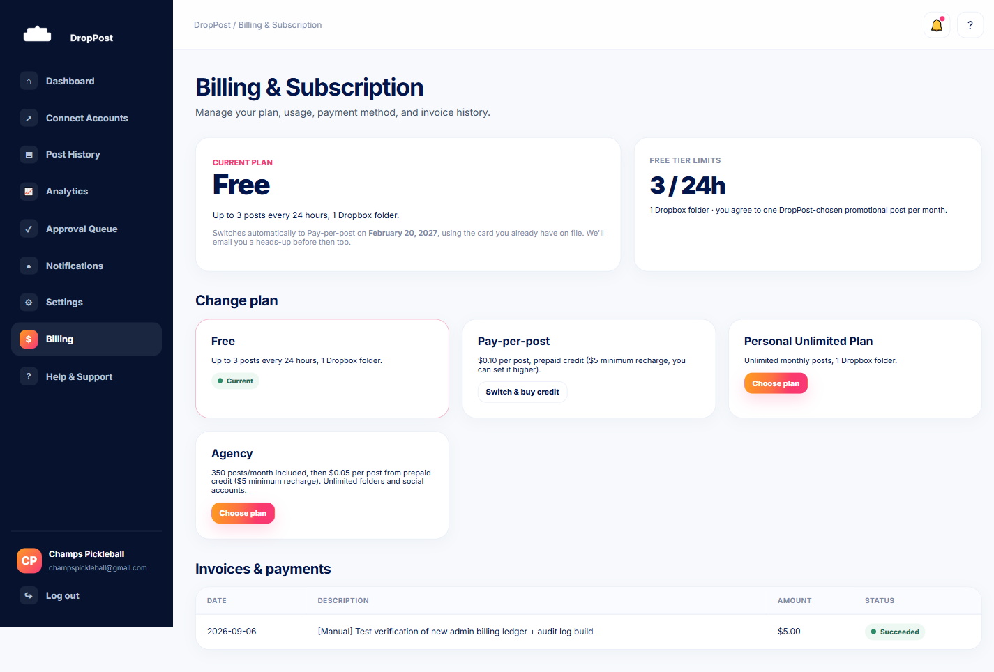 DropPost Billing & Subscription page showing plan, usage, and payment method