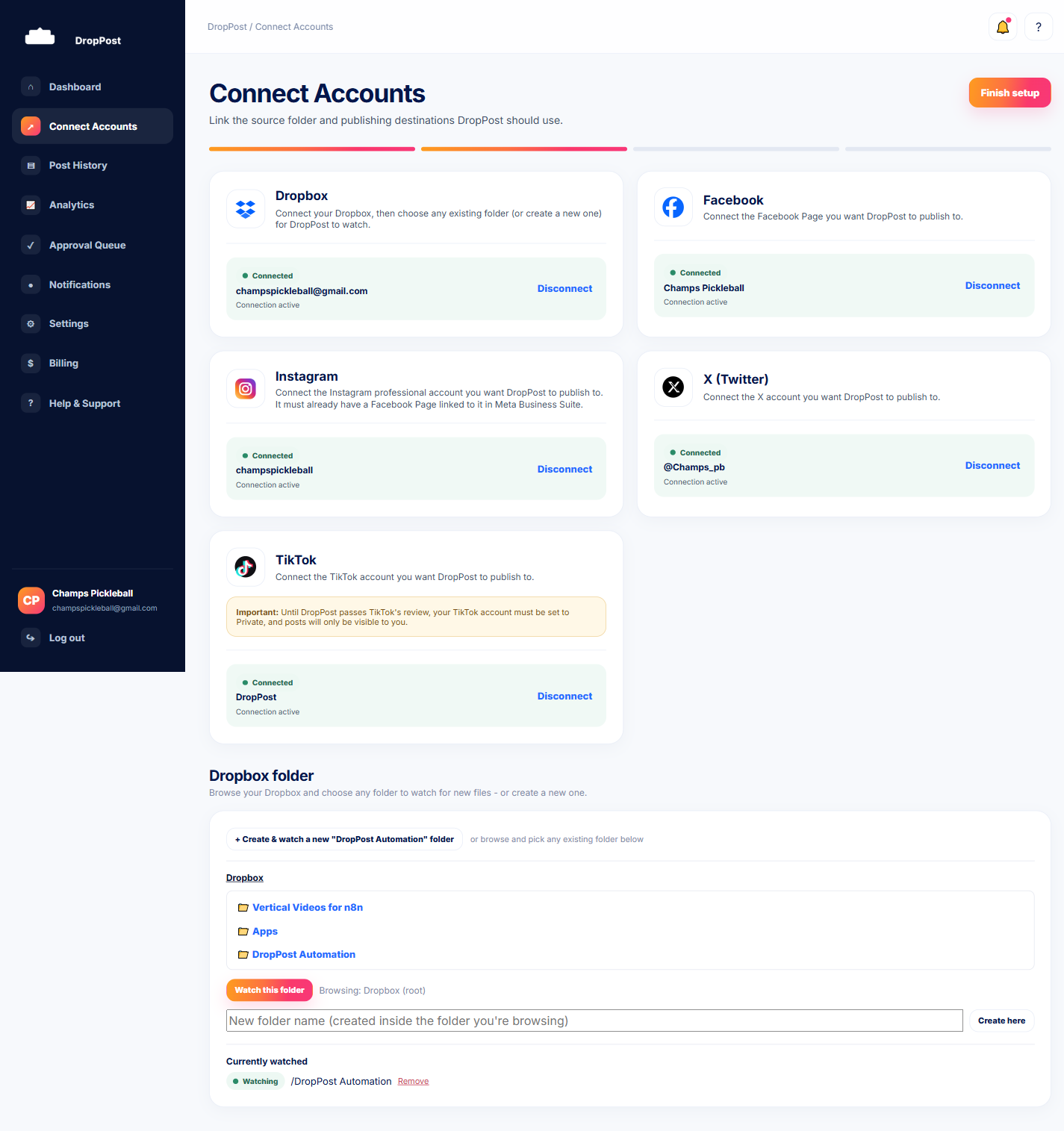 DropPost Connect Accounts page for adding folders and social profiles