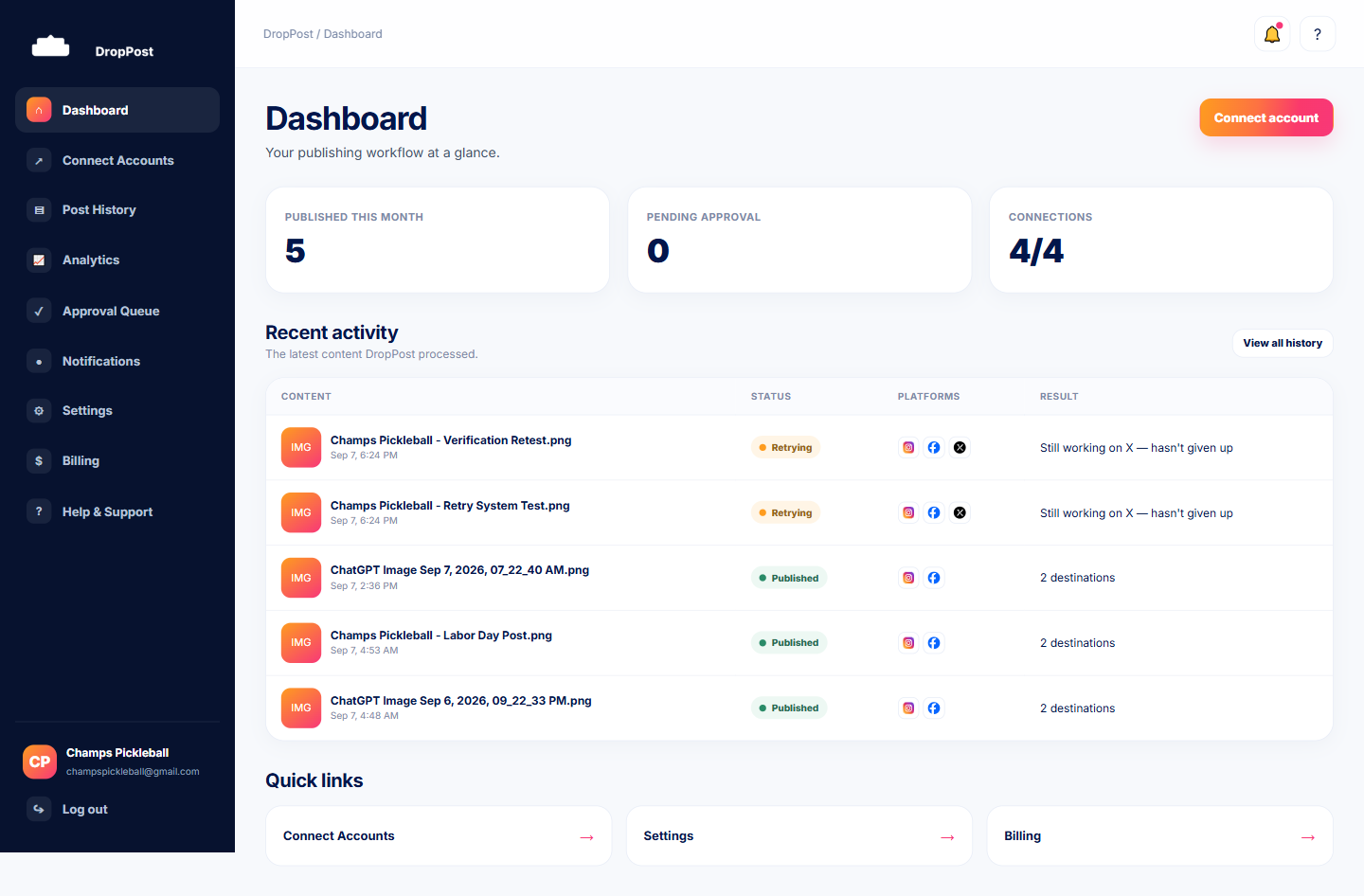 The DropPost portal Dashboard with sidebar navigation and recent activity