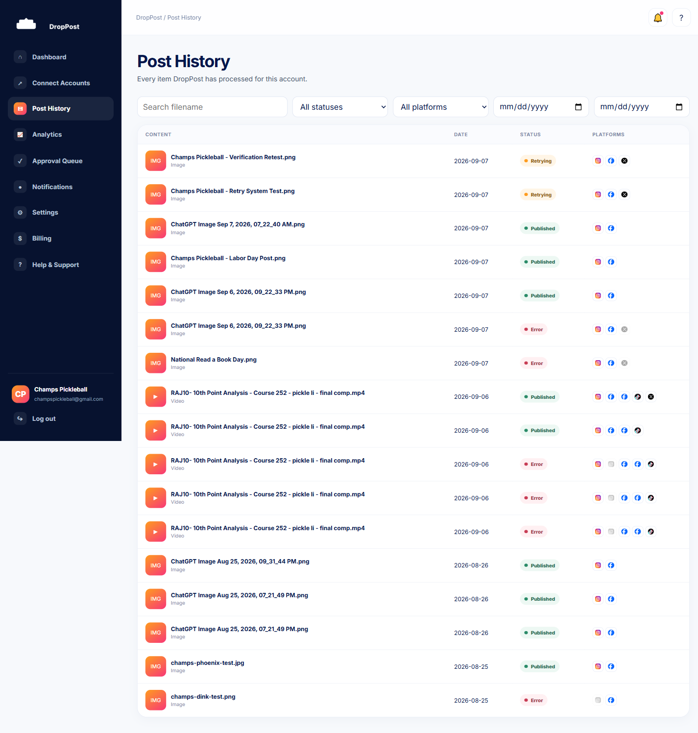 Post History table showing filenames, dates, status badges, and platform icons