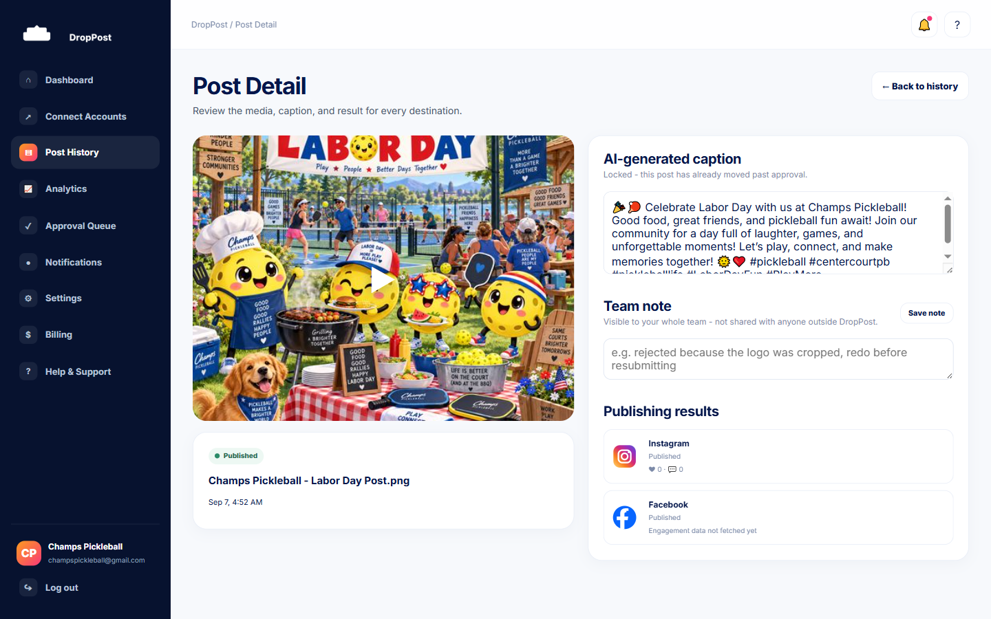 A Post Detail page for a successfully published post, showing per-platform published links