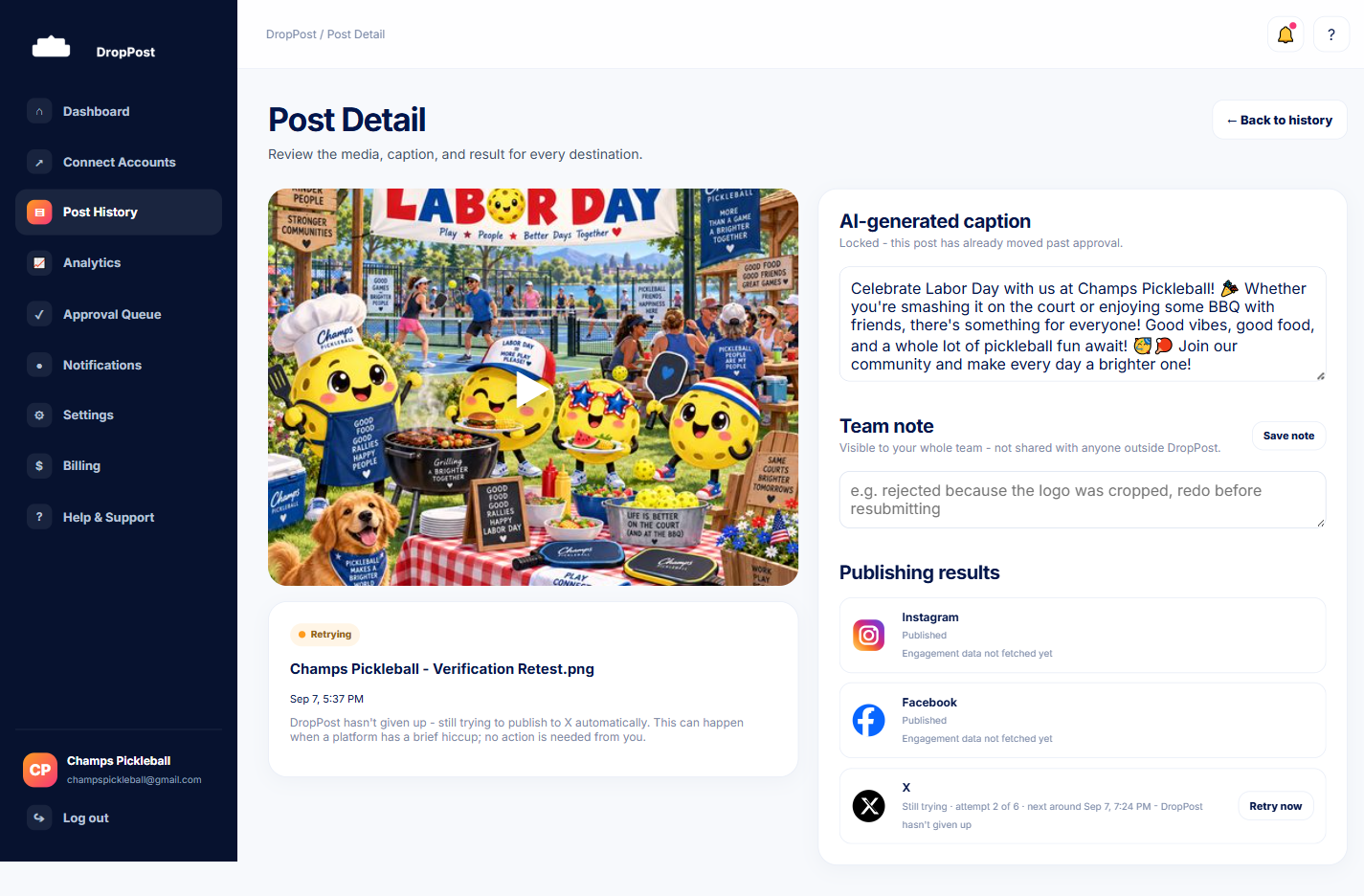 DropPost Post Detail page showing a Retrying status