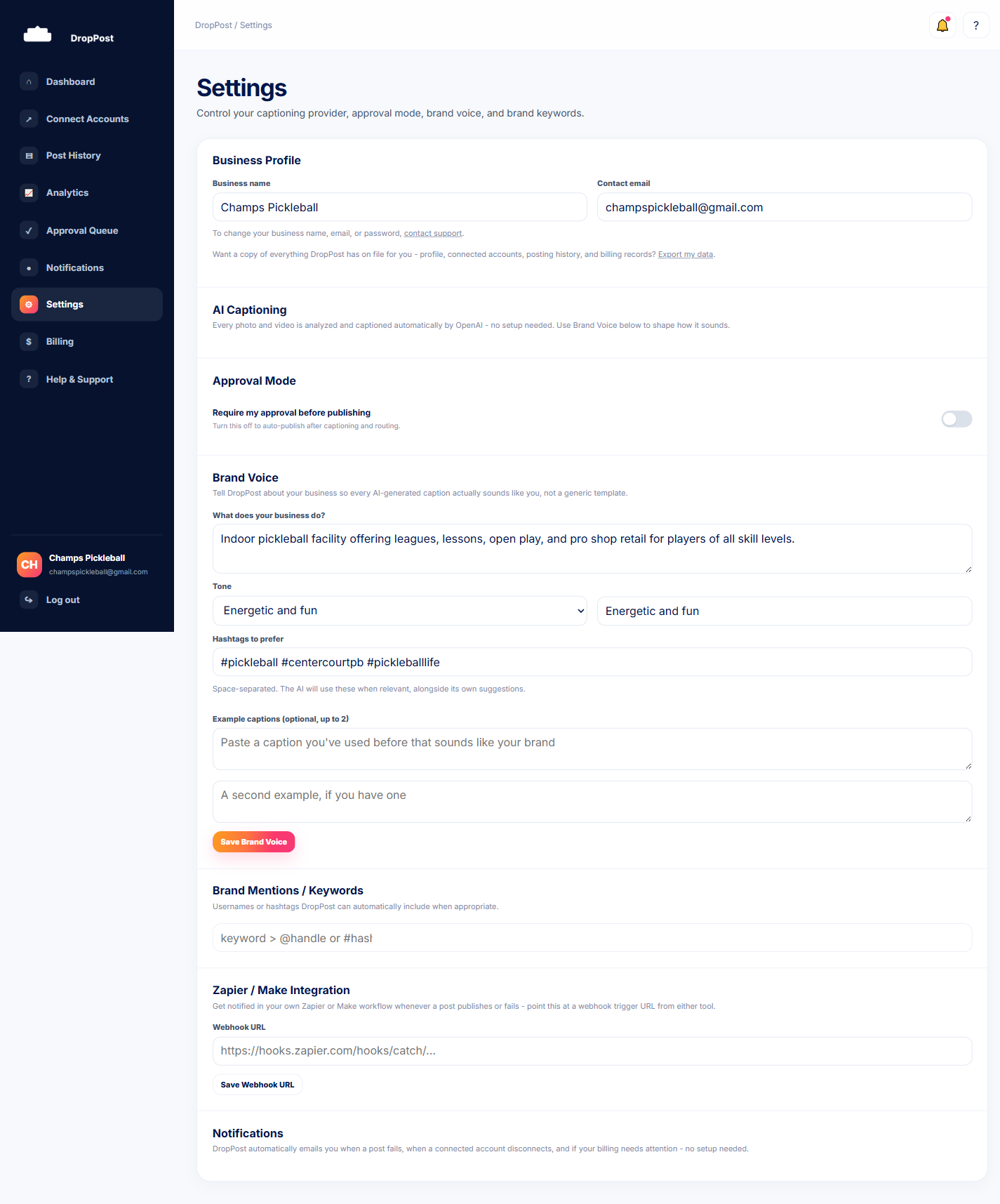 DropPost Settings page showing the multi-folder routing grid