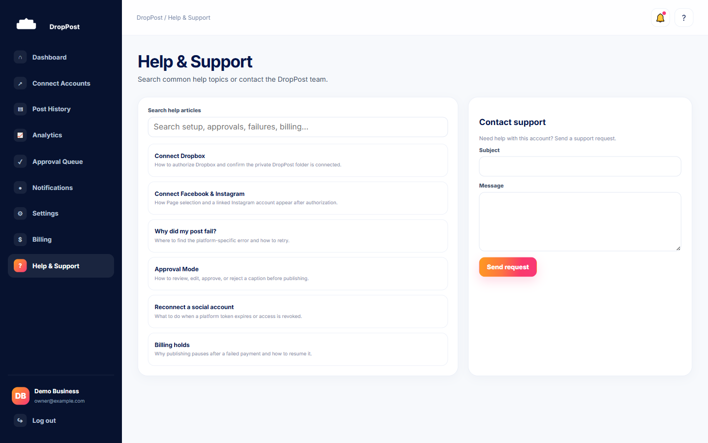 DropPost Help & Support page with searchable articles and a contact-support form